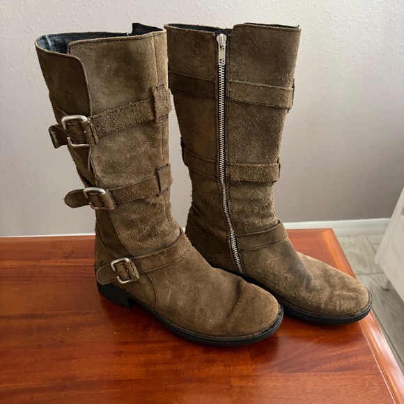 Born Shoes - Born Tessa Brown Tan Suede Leather Triple Buckle Biker Moto Distressed Boots 9.5